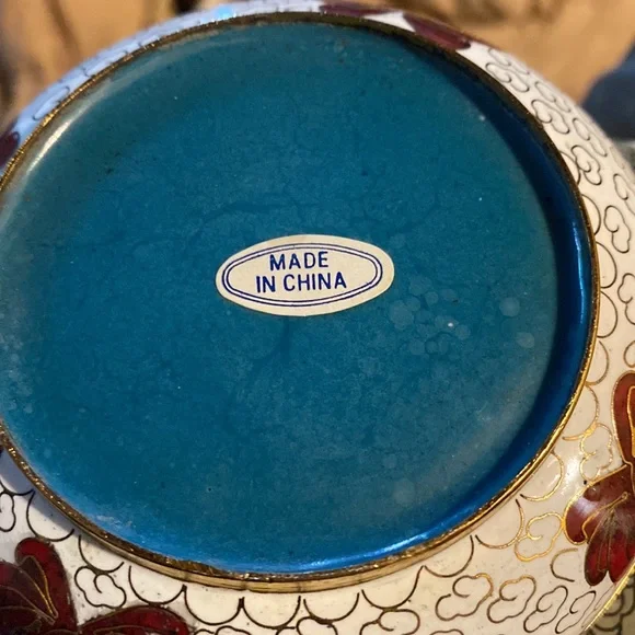 Vintage Cloisonne Covered Round Trinket Box Brass Painted Enamel Cherry Blossom